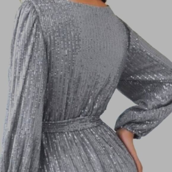 Silver Sequins Mock Wrap Mini Dress Cocktail Long Sleeve New with Tags size S - Picture 8 of 12